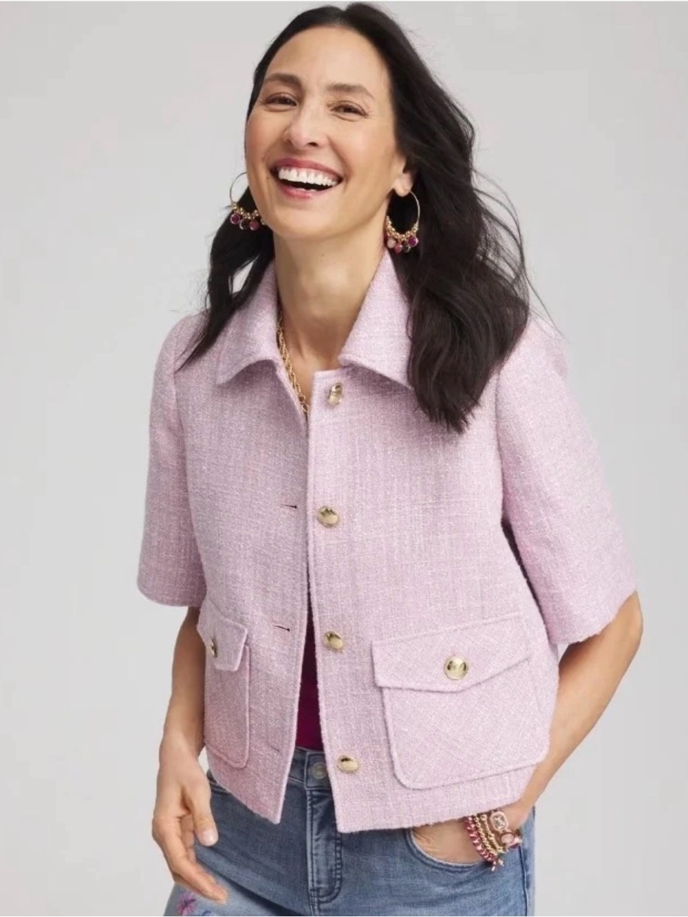 Chicos Cropped Lilac Tweed Jacket Short Sleeve Size 1 (medium) NWT